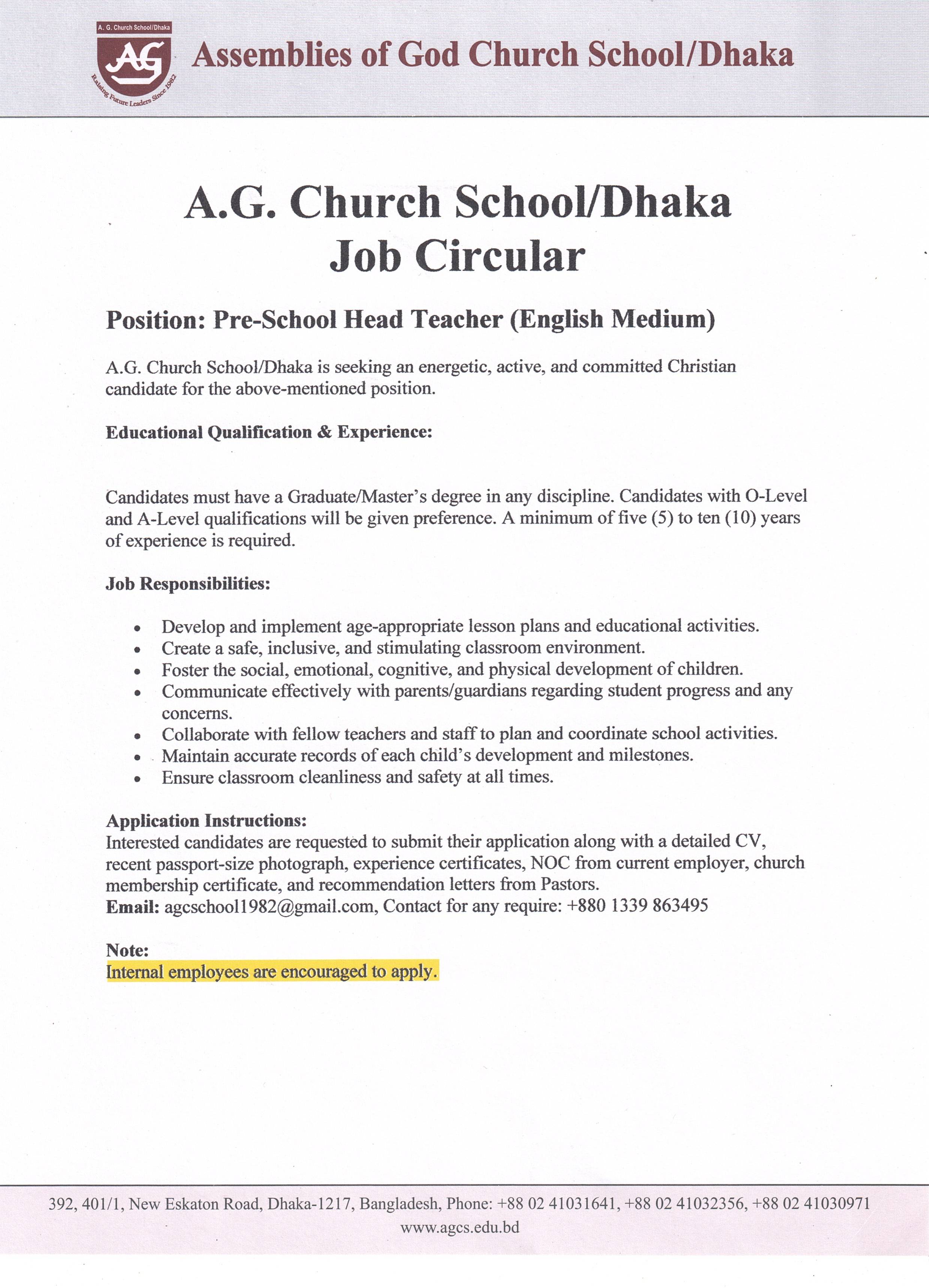 Pre-School Head Teacher (English Medium)
